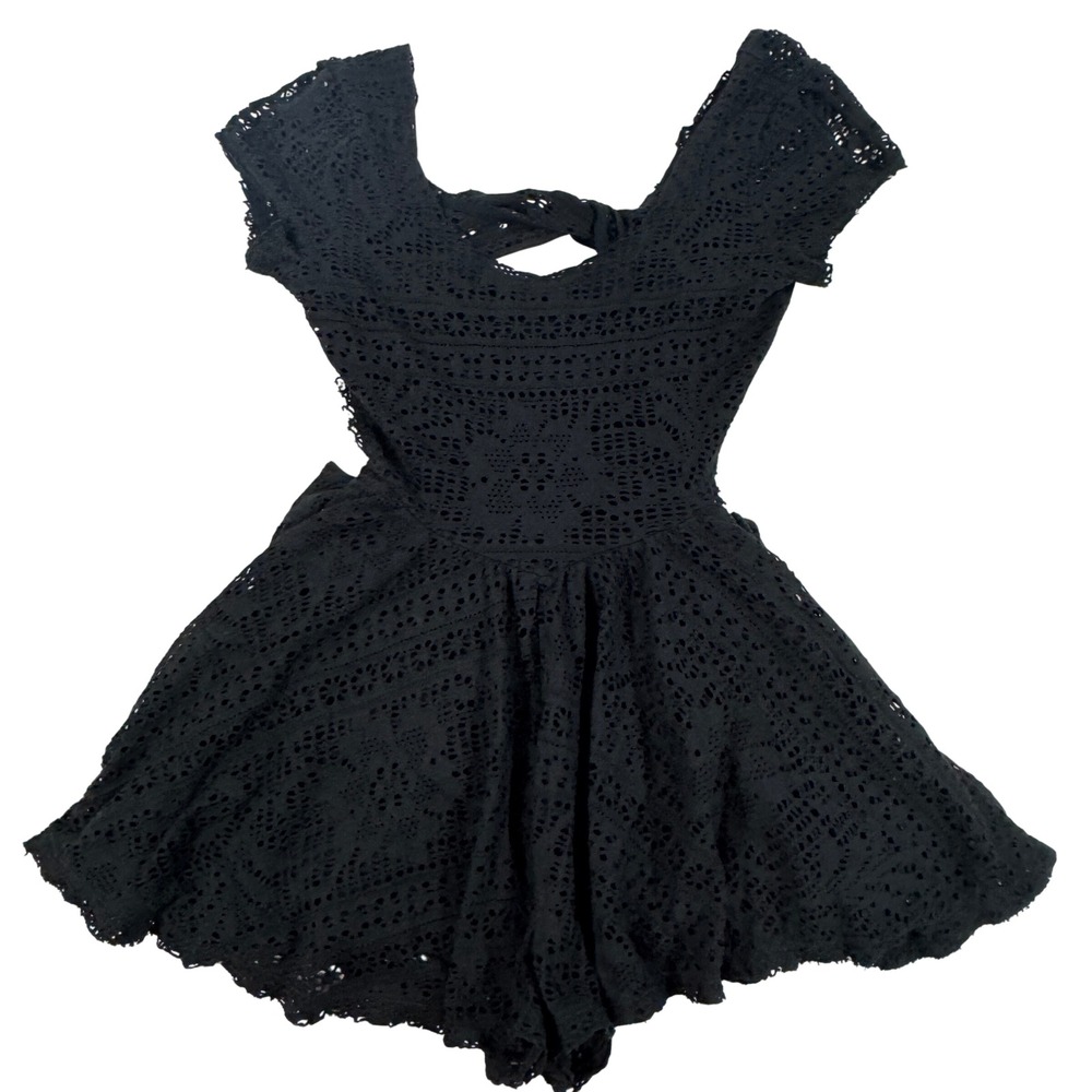FP Beach Black Crochet Lace Open Back Romper Eyelet Boho M Whimsical Festival